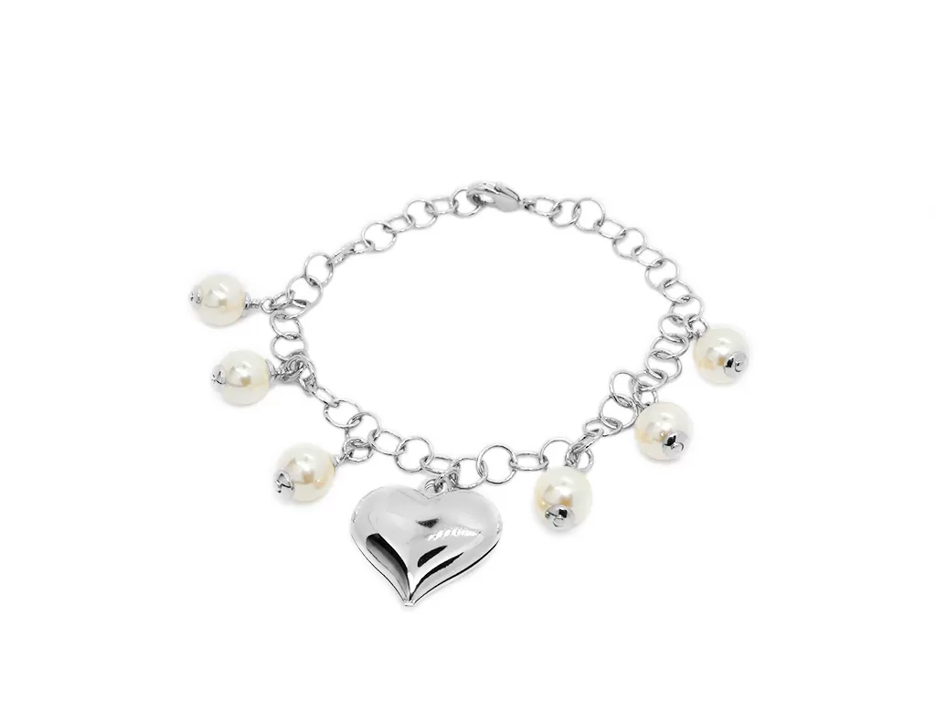 Pulseira Pérolas e Coração Banhado em Ródio Branco