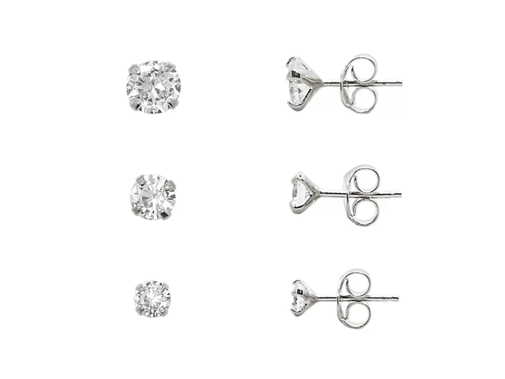 Kit trio de brincos de zircônia pontos de luz banhado em Ródio Branco