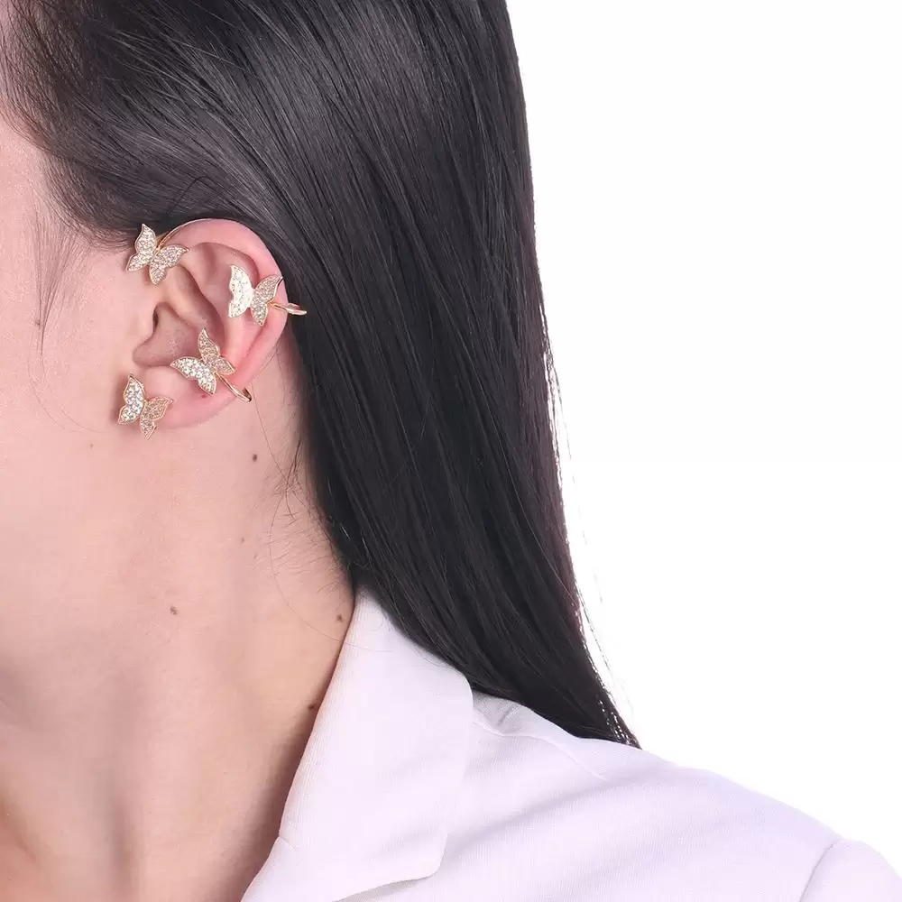 Ear cuff Borboleta zircônias banhado em Ouro, brinco tipo tassel ear butterfly